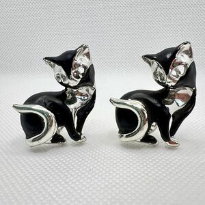 Vintage Silver Tone Black Enamel Kitty Cat Cuff Links